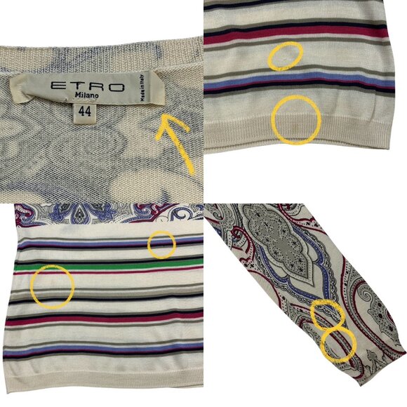 Etro Silk Sweater Italy 44 US 8 Paisley Striped V-Neck Long Sleeve DEFECTED - Picture 6 of 12